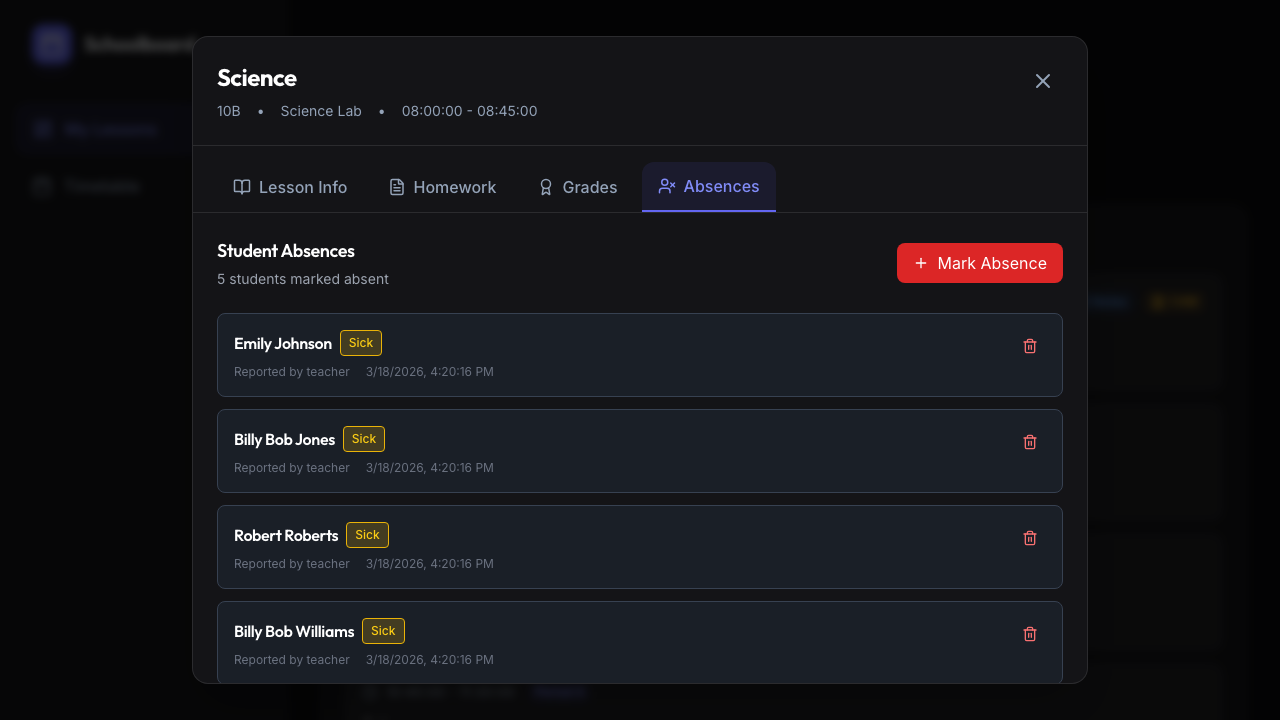 Absence tracking panel showing students with Sick tags