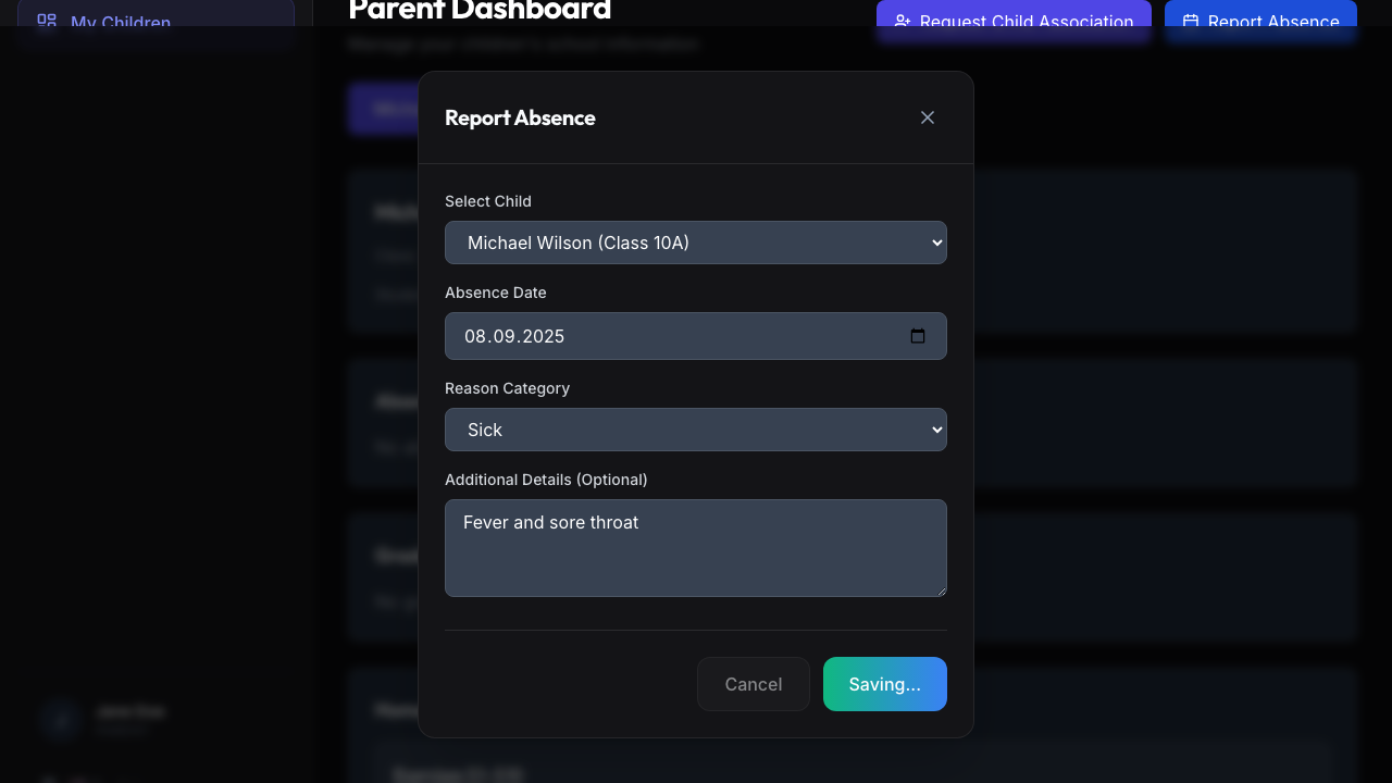 Parent absence report modal with date, reason, and optional notes