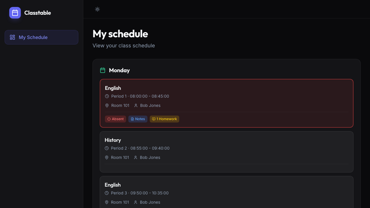 Student schedule view with absence and homework indicators