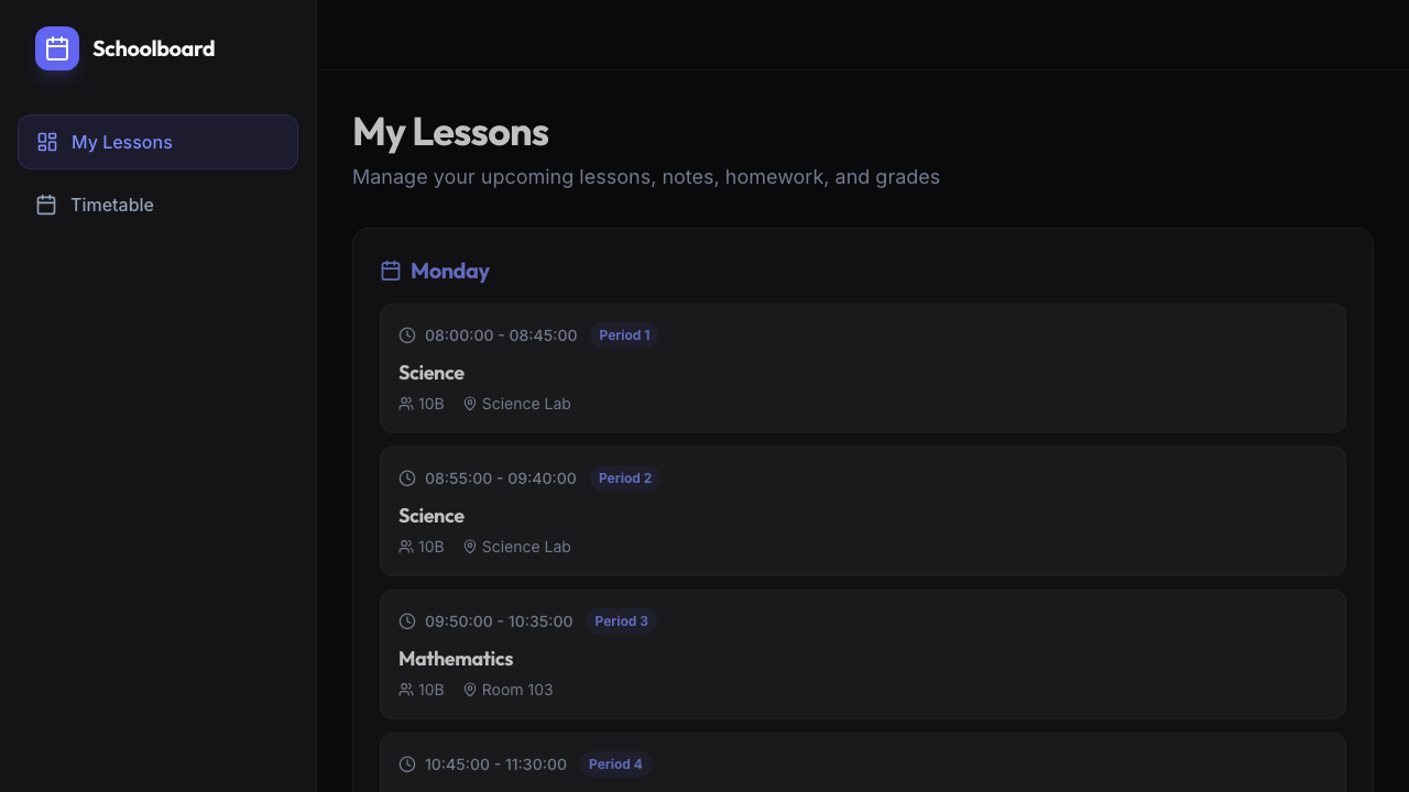 Teacher's daily lesson view