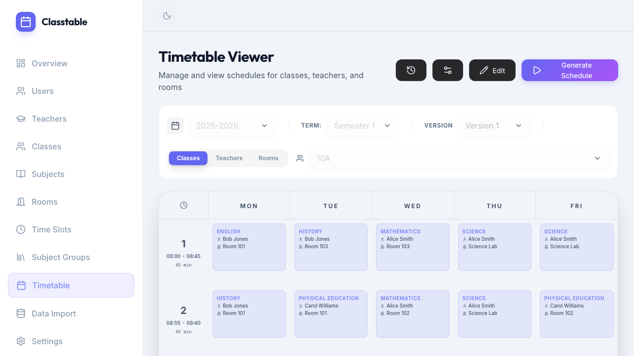 Timetable in light mode showing the same layout with a bright background