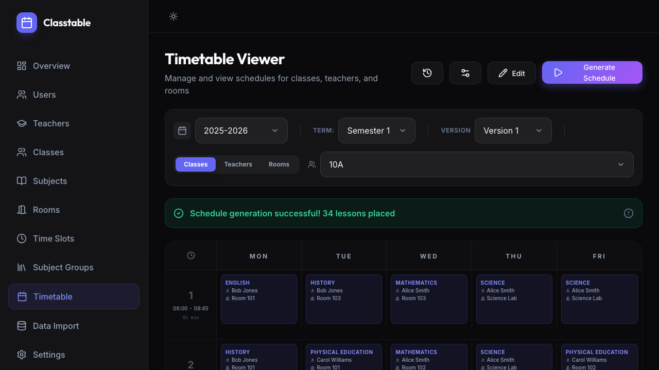 Generated timetable — 34 lessons placed across the week