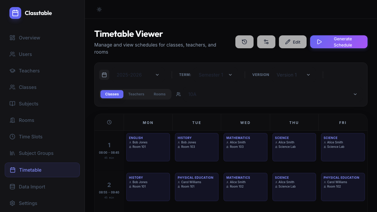 Timetable grid editor showing the weekly schedule for class 10A